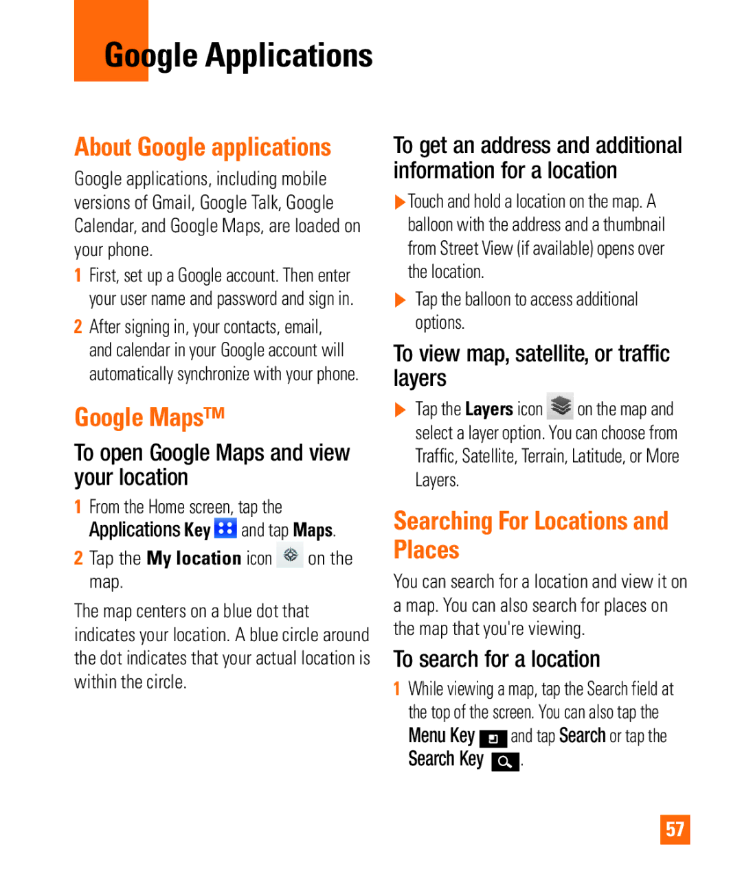 LG Electronics Thrill4GUnlocked user manual Google Applications, Google Maps, Searching For Locations and Places 