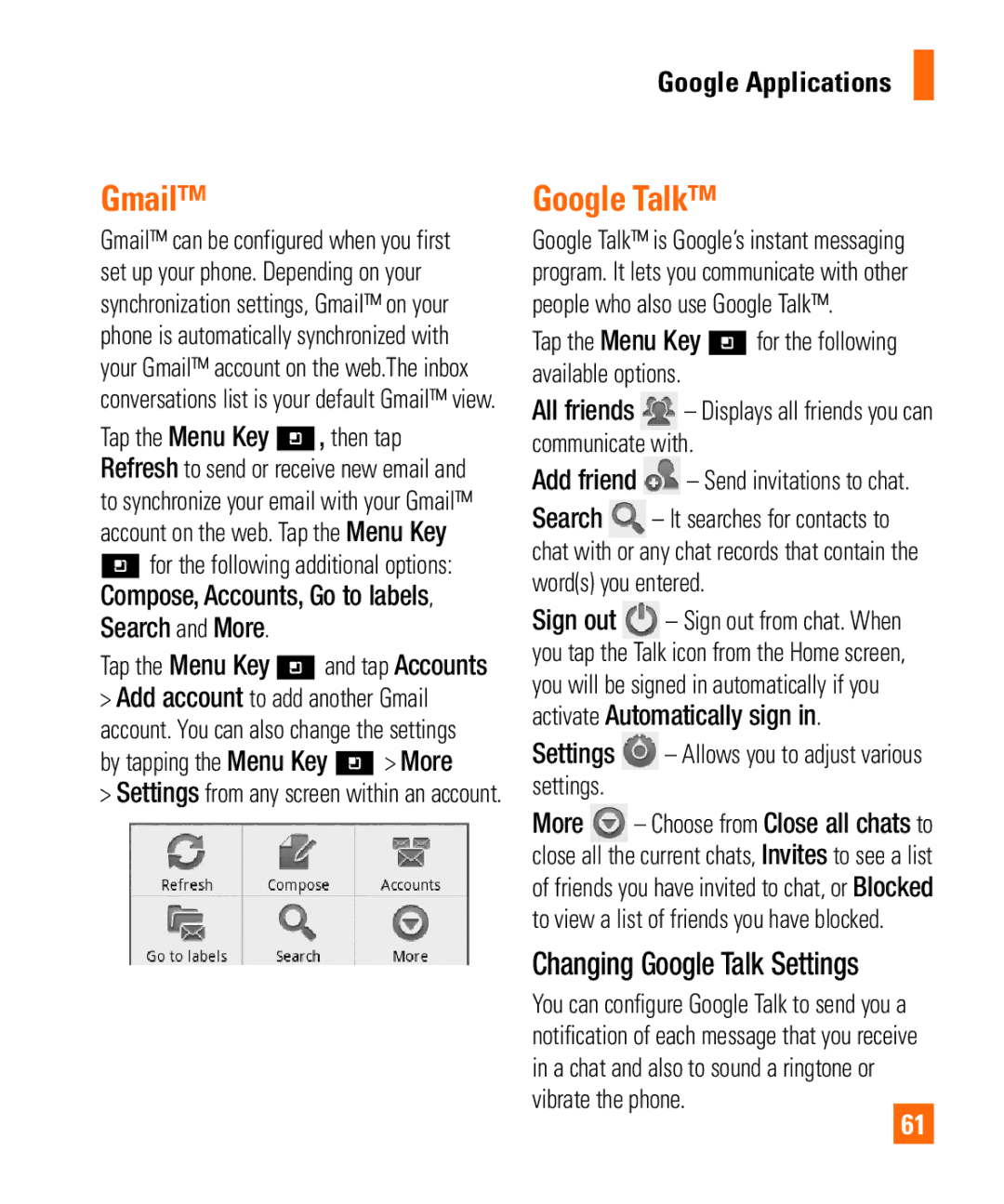 LG Electronics Thrill4GUnlocked user manual Gmail, Changing Google Talk Settings 