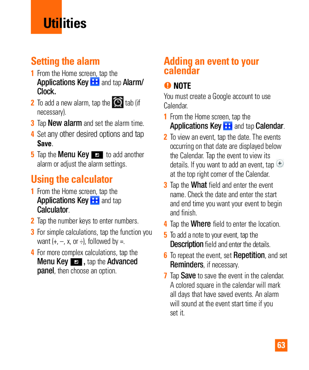 LG Electronics Thrill4GUnlocked Utilities, Setting the alarm, Using the calculator, Adding an event to your calendar 