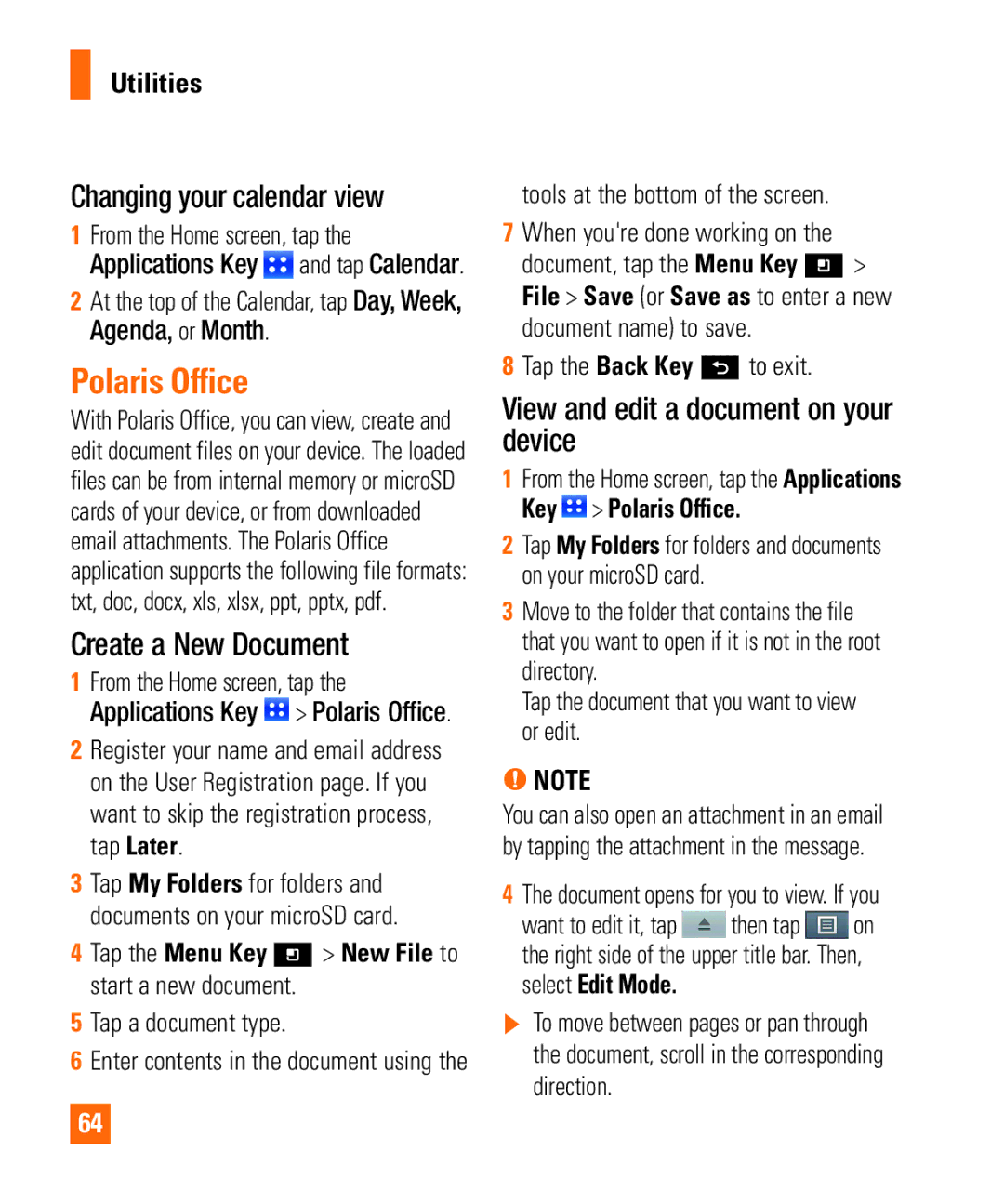 LG Electronics Thrill4GUnlocked user manual Polaris Office, Changing your calendar view, Create a New Document, Utilities 
