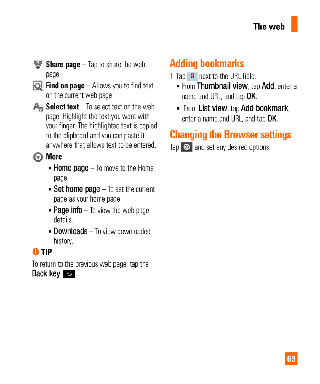LG Electronics Thrill4GUnlocked user manual Adding bookmarks, Web, Share page Tap to share the web, More 