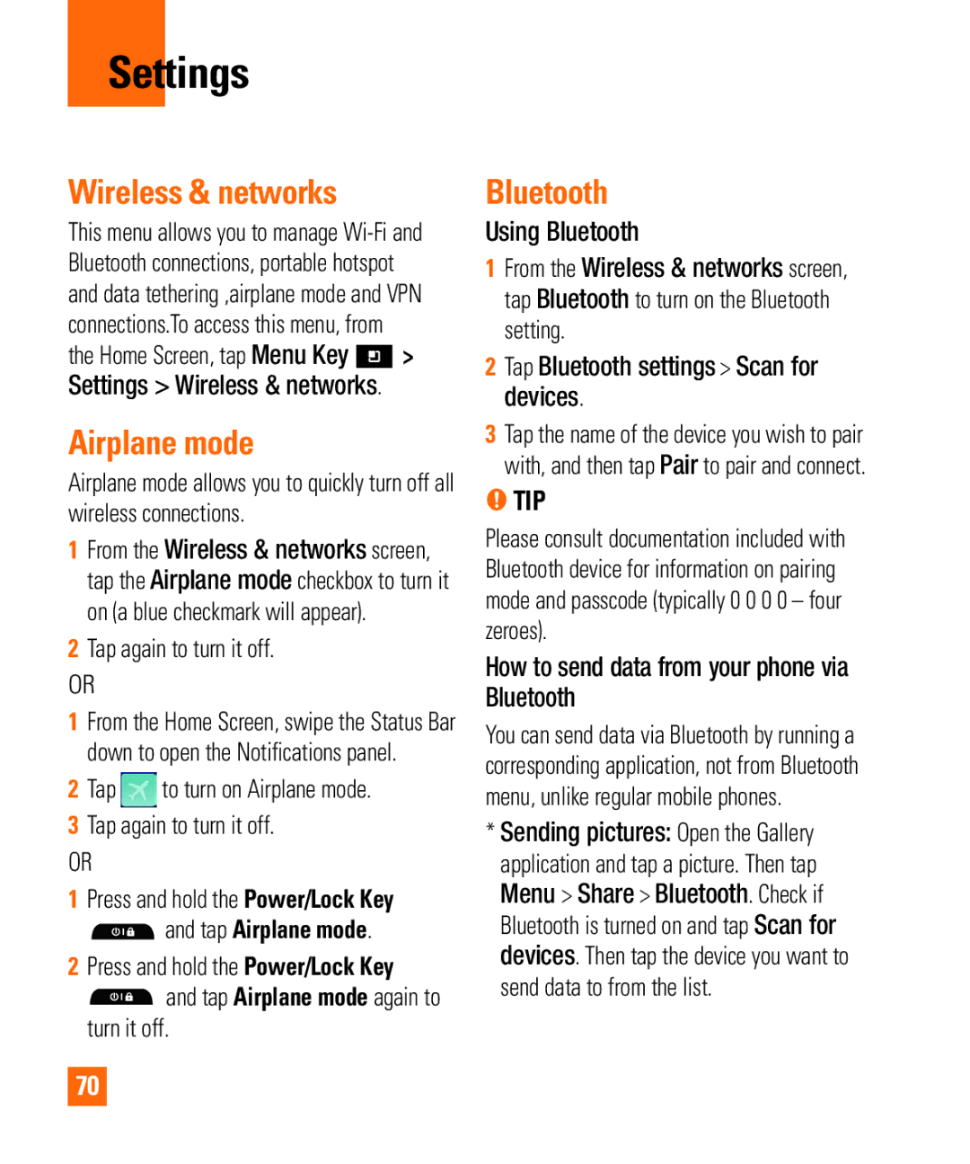 LG Electronics Thrill4GUnlocked user manual Settings, Wireless & networks, Airplane mode, Bluetooth 