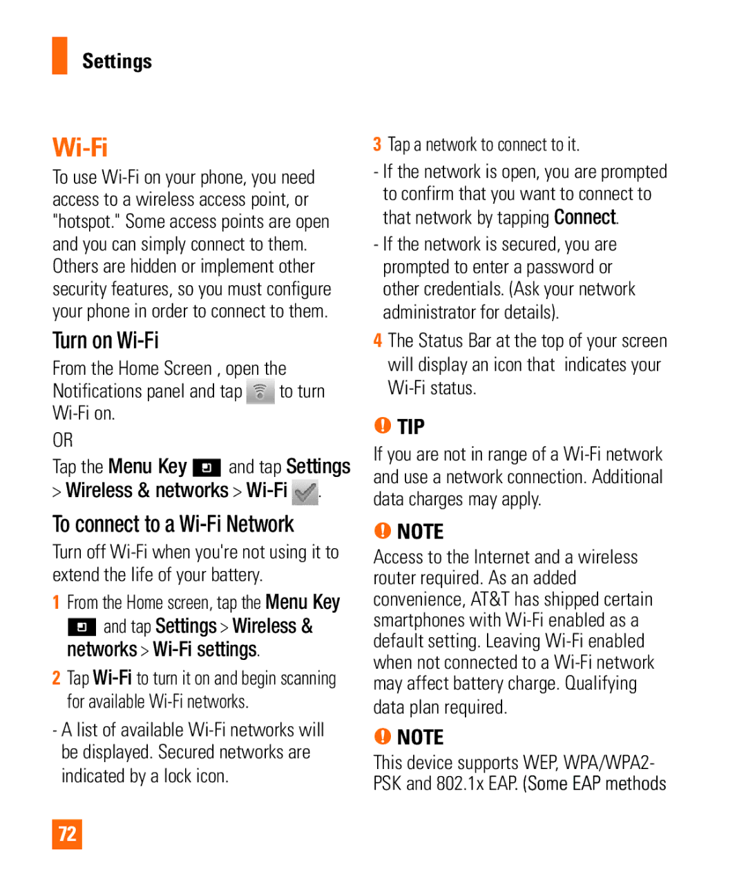 LG Electronics Thrill4GUnlocked user manual Turn on Wi-Fi, To connect to a Wi-Fi Network, Settings 