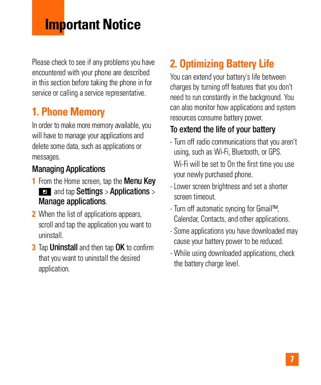 LG Electronics Thrill4GUnlocked user manual Important Notice, Phone Memory, Optimizing Battery Life, Managing Applications 