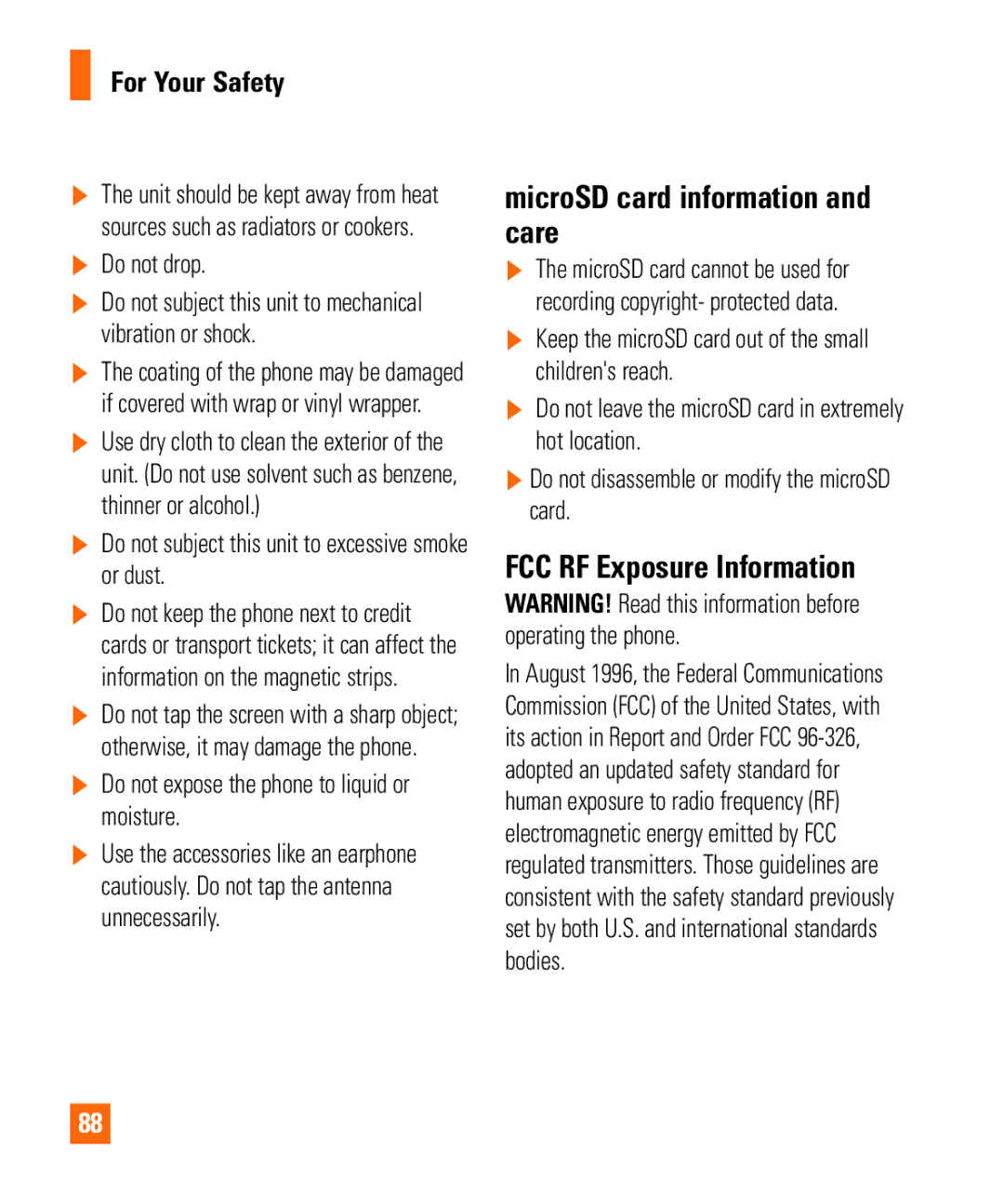 LG Electronics Thrill4GUnlocked user manual MicroSD card information and care, FCC RF Exposure Information, For Your Safety 