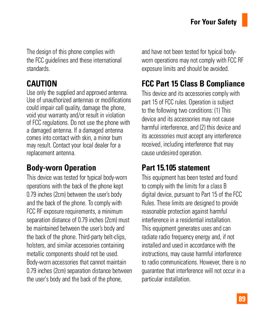 LG Electronics Thrill4GUnlocked Body-worn Operation, Part 15.105 statement, FCC Part 15 Class B Compliance, Standards 