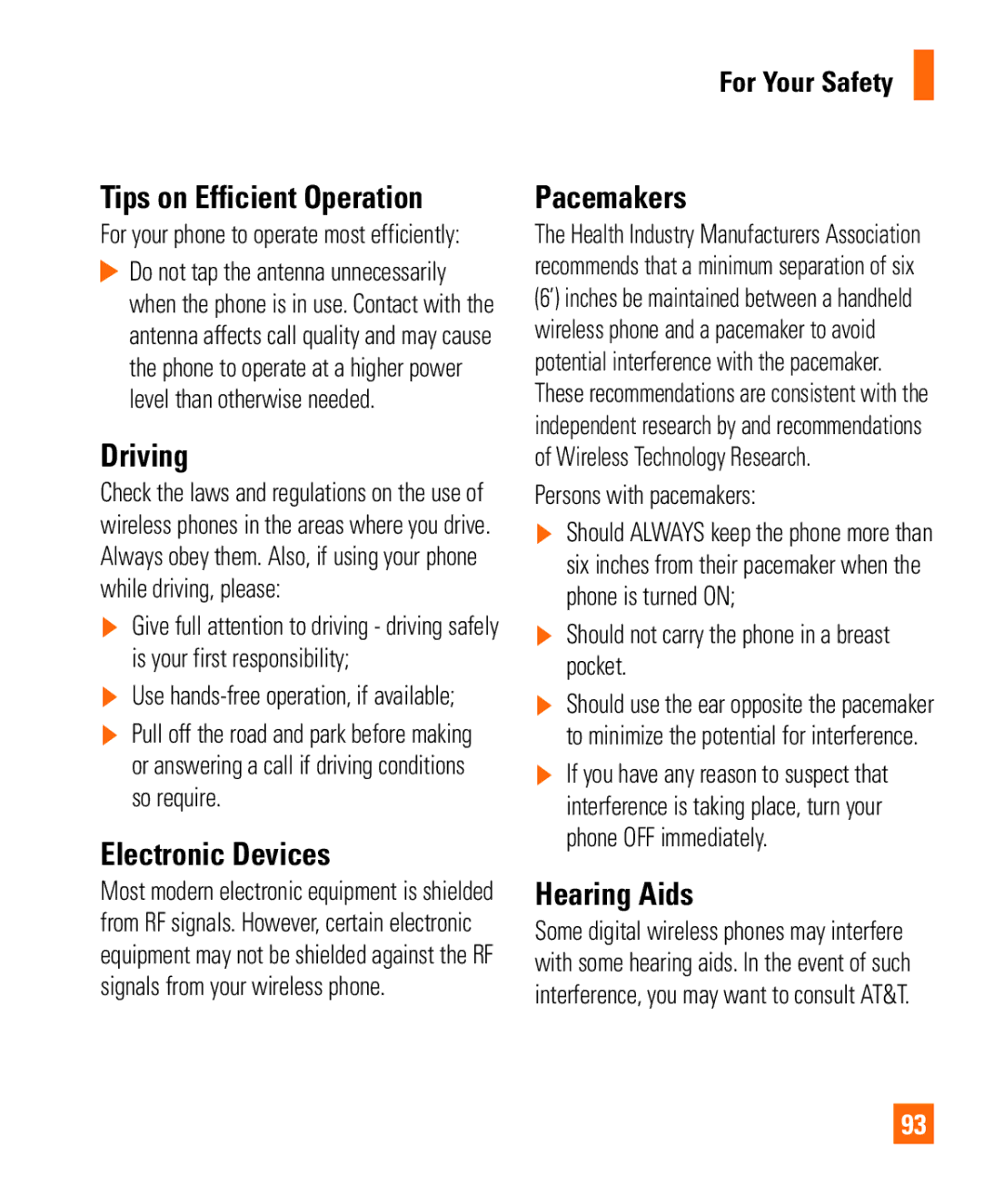 LG Electronics Thrill4GUnlocked Tips on Efficient Operation, Driving, Electronic Devices, Pacemakers, Hearing Aids 