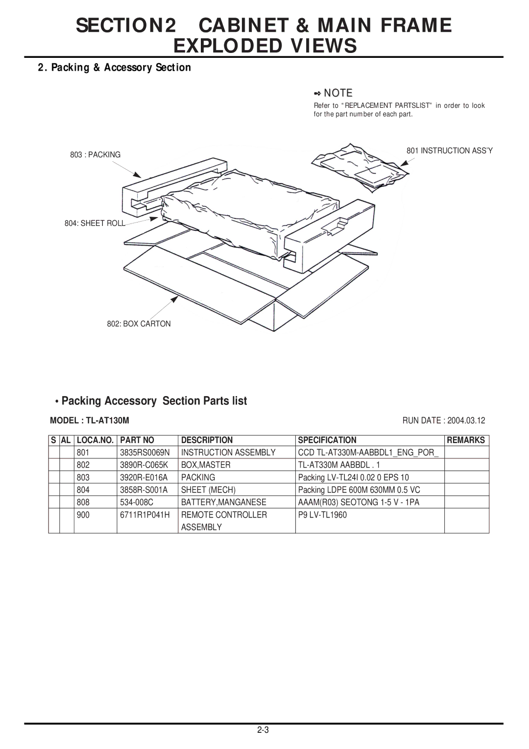 LG Electronics TL-AT130M service manual Packing Accessory Section Parts list, Packing & Accessory Section 