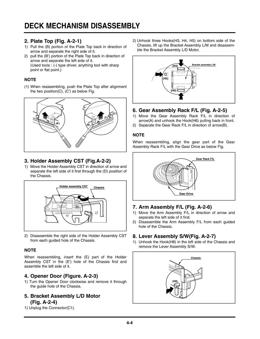 LG Electronics TL-AT130M Plate Top Fig. A-2-1, Gear Assembly Rack F/L Fig. A-2-5, Holder Assembly CST Fig.A-2-2 