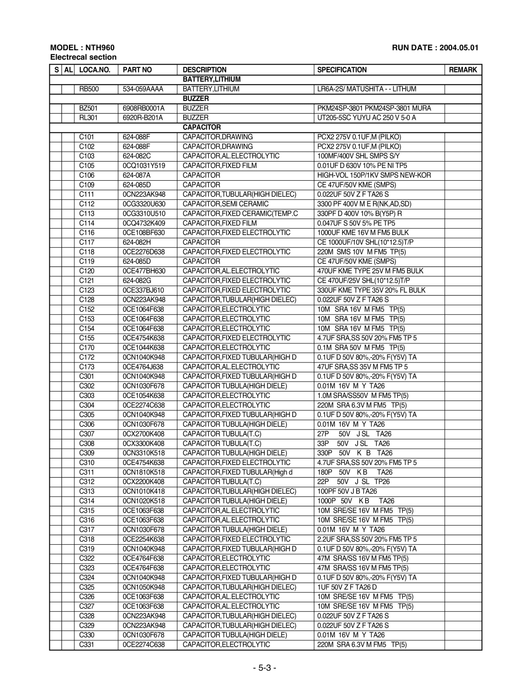 LG Electronics TL-AT130M Electrecal section, LOCA.NO Description Specification Remark BATTERY,LITHIUM, Buzzer, Capacitor 