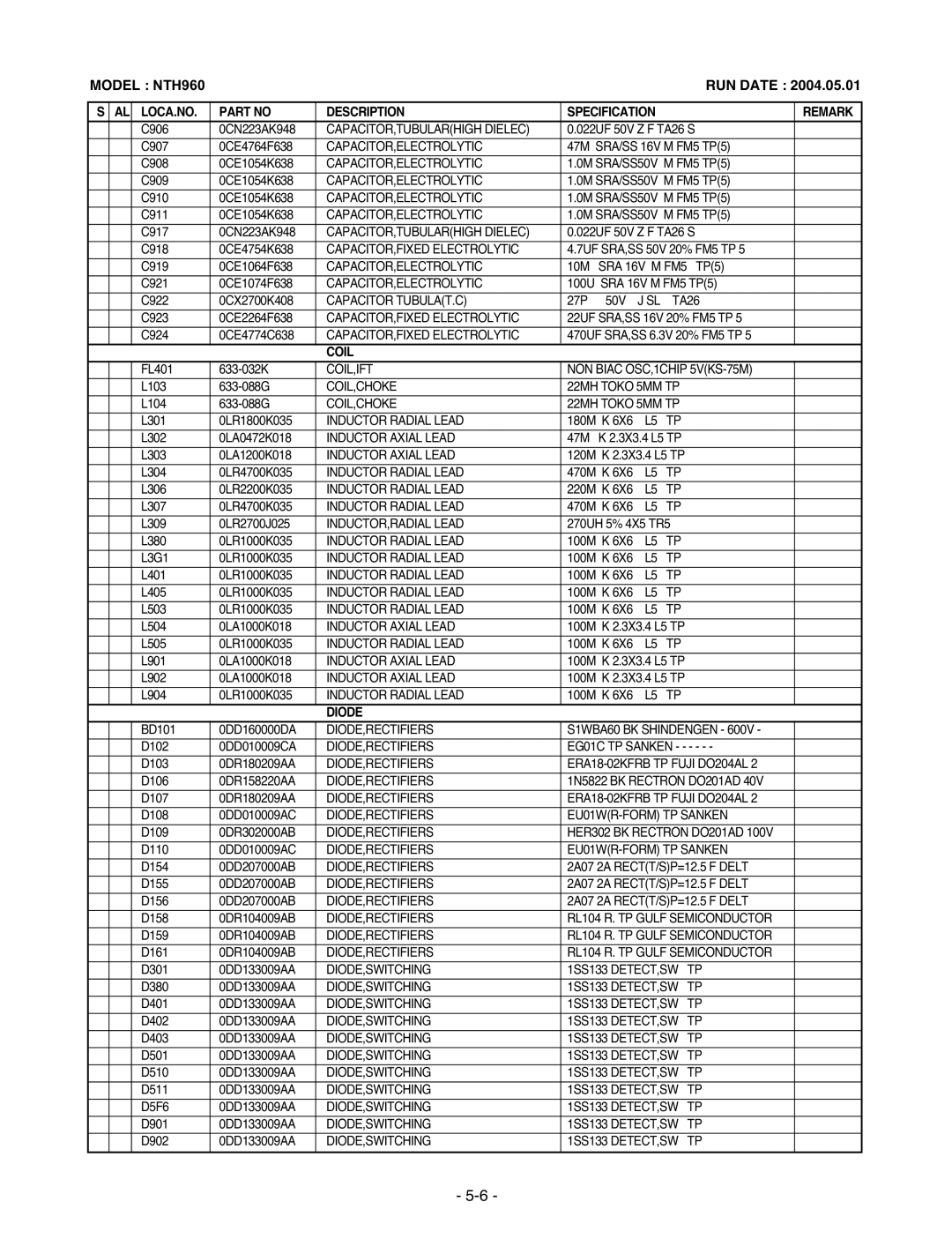 LG Electronics TL-AT130M service manual Coil, Diode 