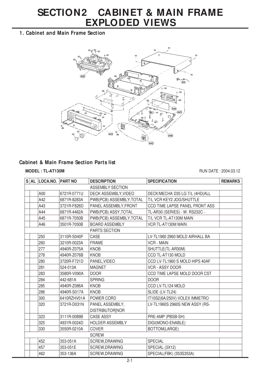 LG Electronics TL-AT130M service manual Cabinet & Main Frame Exploded Views 