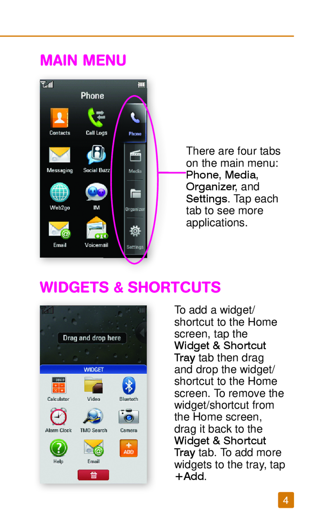 LG Electronics TM1690 manual MAIN mENu, WIdgETS & ShORTCuTS 