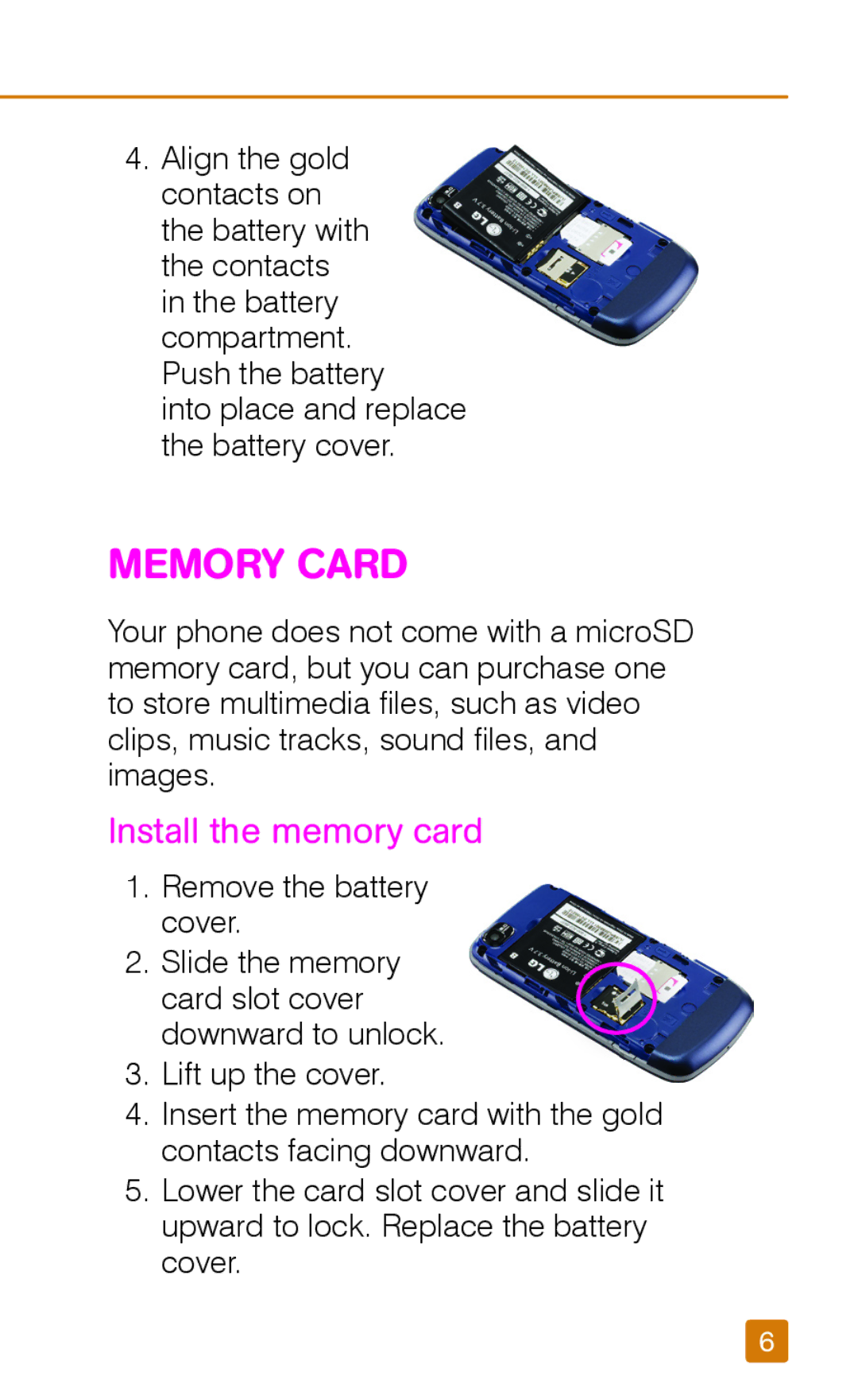 LG Electronics TM1690 manual MEmORy CARd, Install the memory card 