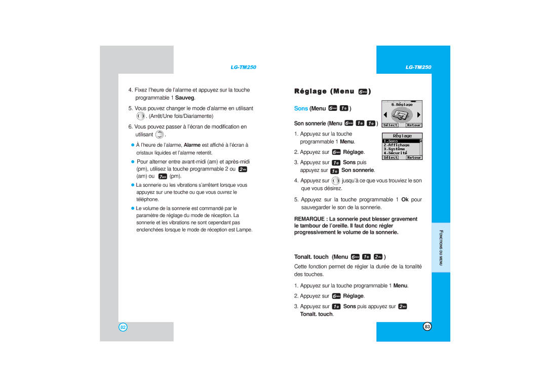 LG Electronics TM250 manual Réglage Menu, Sons Menu, Tonalt. touch Menu, Son sonnerie Menu 