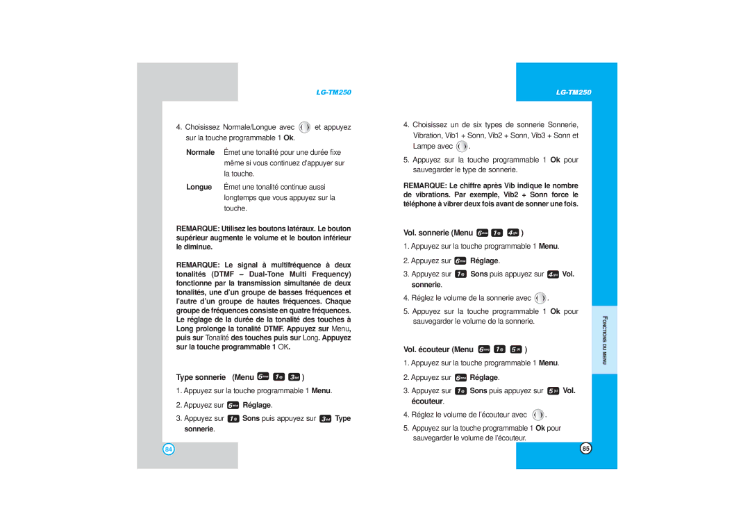 LG Electronics TM250 manual Type sonnerie Menu, Vol. sonnerie Menu, Vol. écouteur Menu 