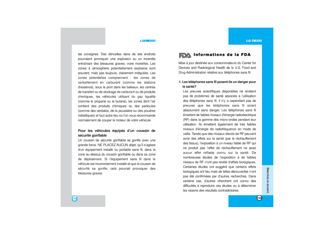 LG Electronics TM250 manual Informations de la FDA, Les téléphones sans fil posent-ils un danger pour la santé? 