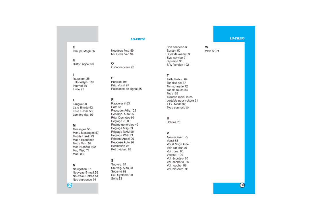 LG Electronics TM250 manual Web 66,71 