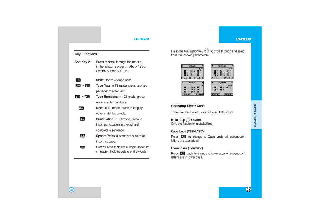 LG Electronics TM250 Key Functions, Changing Letter Case, Initial Cap T9En/Abc, Caps Lock T9EN/ABC, Lower case T9en/abc 