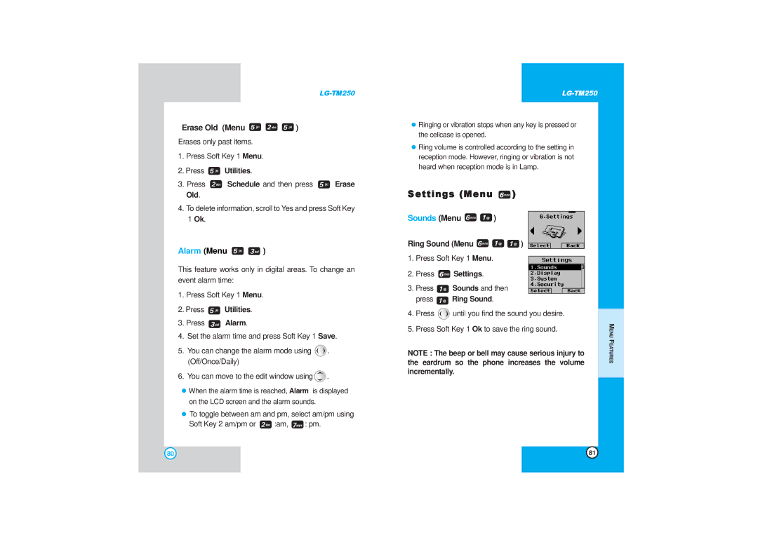 LG Electronics TM250 manual Settings Menu, Erase Old Menu, Sounds Menu Ring Sound Menu, Press Settings, Press Ring Sound 