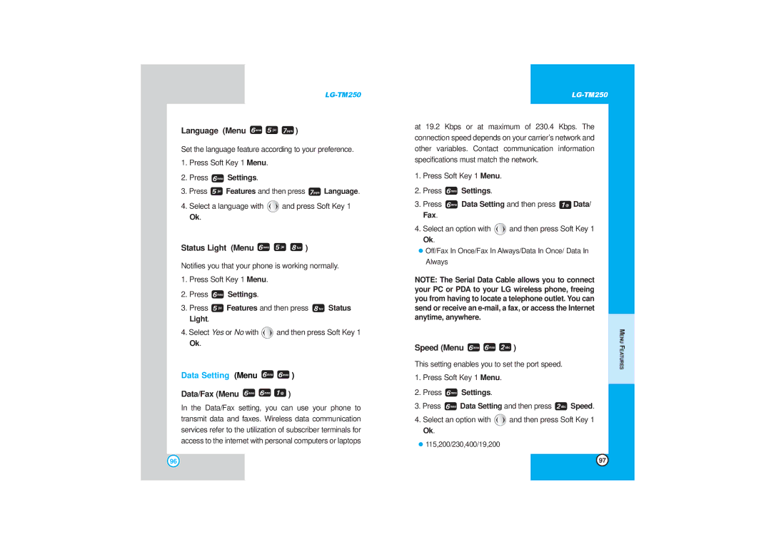 LG Electronics TM250 manual Language Menu, Status Light Menu, Data Setting Menu, Data/Fax Menu, Speed Menu 