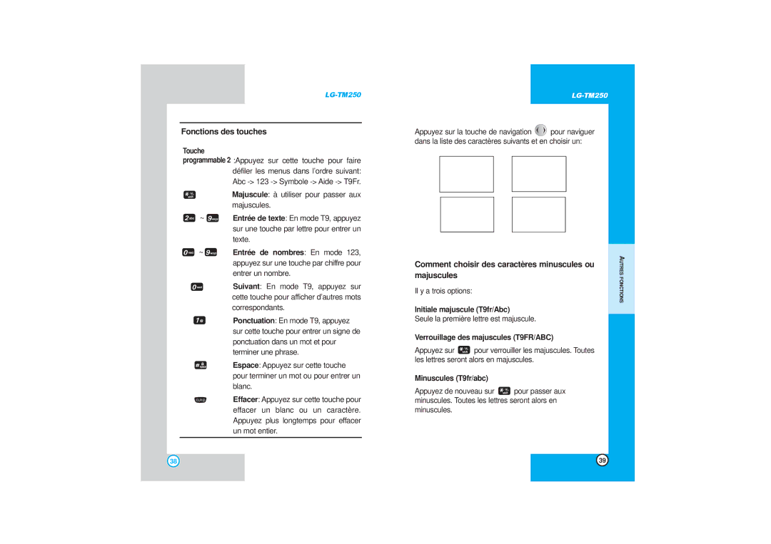 LG Electronics TM250 manual Fonctions des touches, Comment choisir des caractères minuscules ou majuscules 