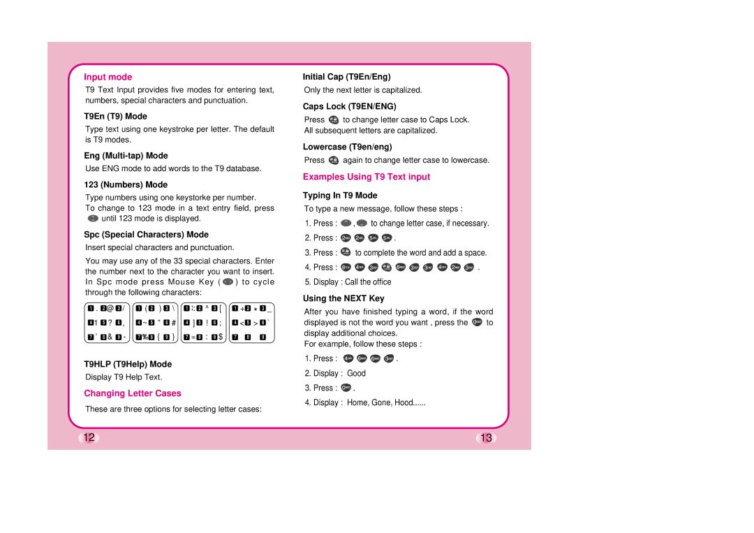 LG Electronics TM510 manual Input mode, Changing Letter Cases, Examples Using T9 Text input 