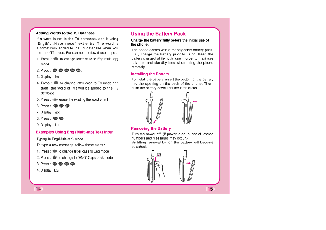 LG Electronics TM510 manual Using the Battery Pack, Examples Using Eng Multi-tap Text input, Installing the Battery 