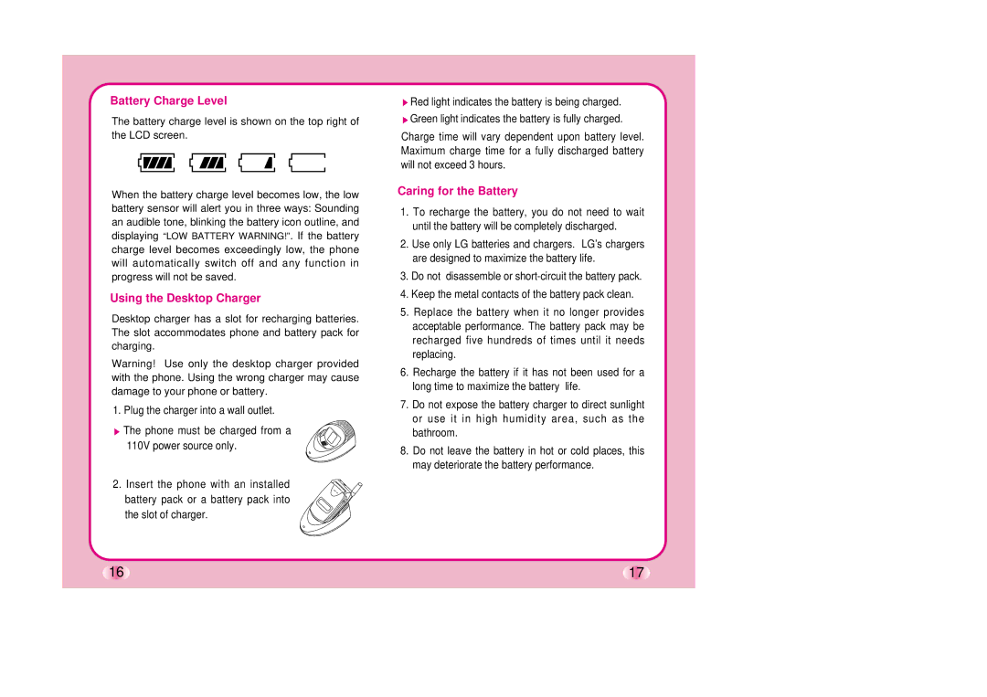 LG Electronics TM510 manual Battery Charge Level, Using the Desktop Charger, Caring for the Battery 