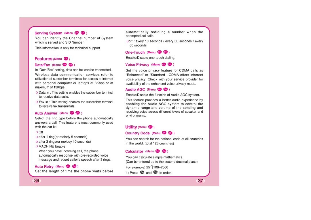 LG Electronics TM510 manual Features Menu, Utility Menu 