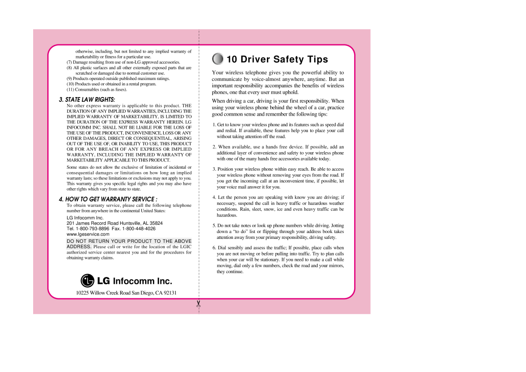 LG Electronics TM510 manual Infocomm Inc, Driver Safety Tips, State Law Rights, How To Get Warranty Service 