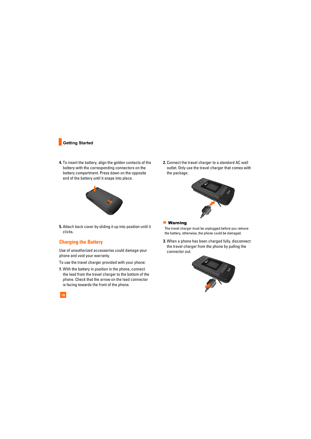 LG Electronics Trax-Gray manual Charging the Battery, Getting Started 