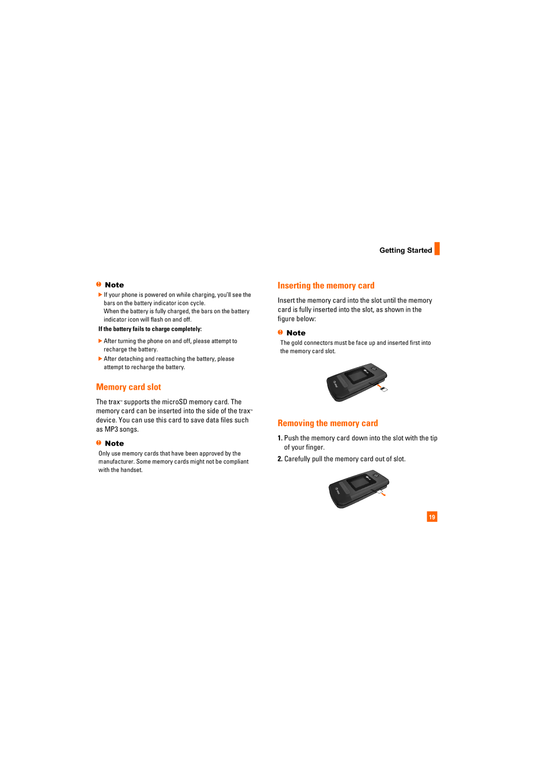 LG Electronics Trax-Gray manual Memory card slot, Inserting the memory card, Removing the memory card 