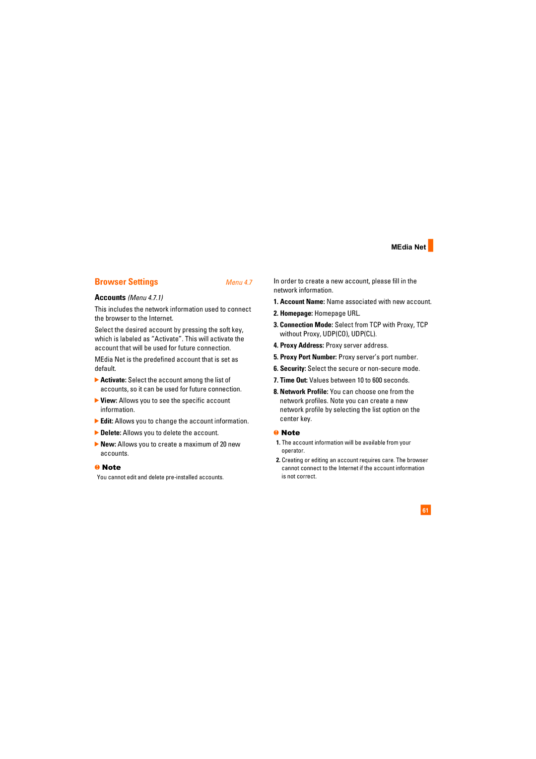 LG Electronics Trax-Gray manual Browser Settings, Accounts Menu, MEdia Net is the predefined account that is set as default 
