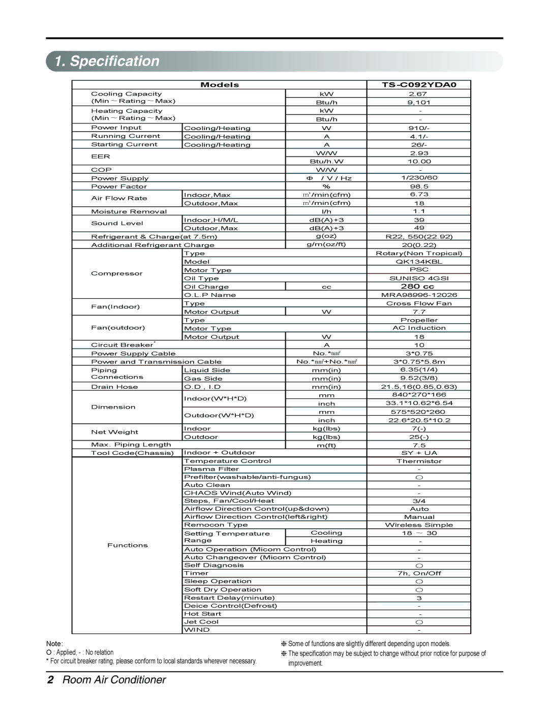 LG Electronics TS-C092YDA0 manual Specification 