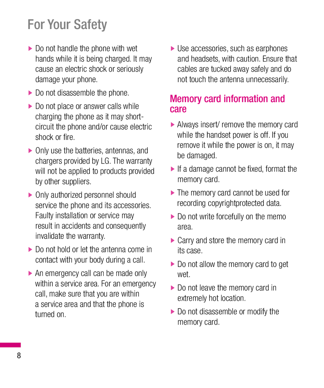 LG Electronics TU330 manual For Your Safety, Memory card information and care 