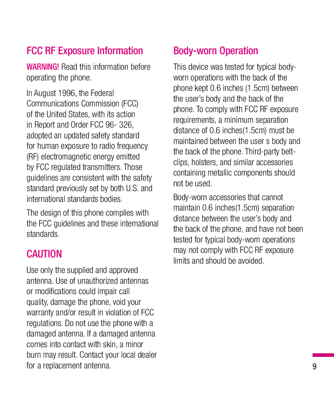 LG Electronics TU330 manual FCC RF Exposure Information, Body-worn Operation 