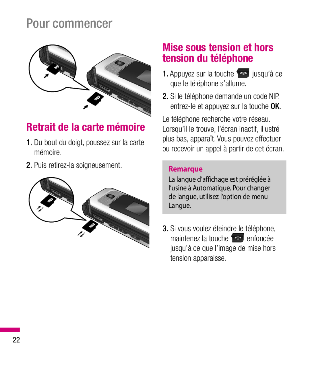 LG Electronics TU330 manual Retrait de la carte mémoire, Mise sous tension et hors tension du téléphone 