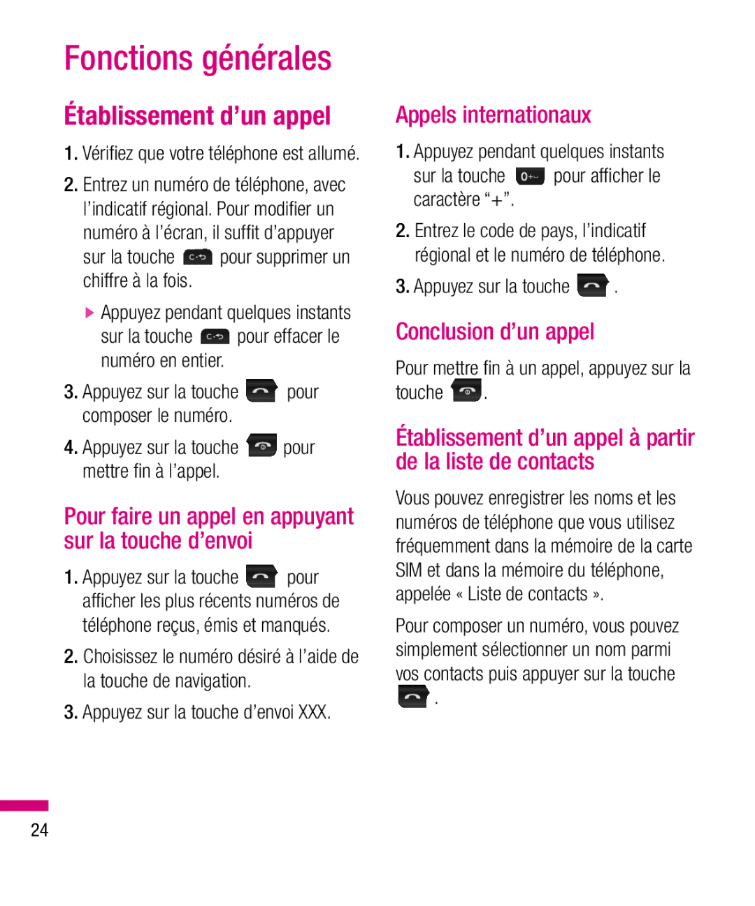 LG Electronics TU330 manual Fonctions générales, Établissement d’un appel, Appels internationaux, Conclusion d’un appel 