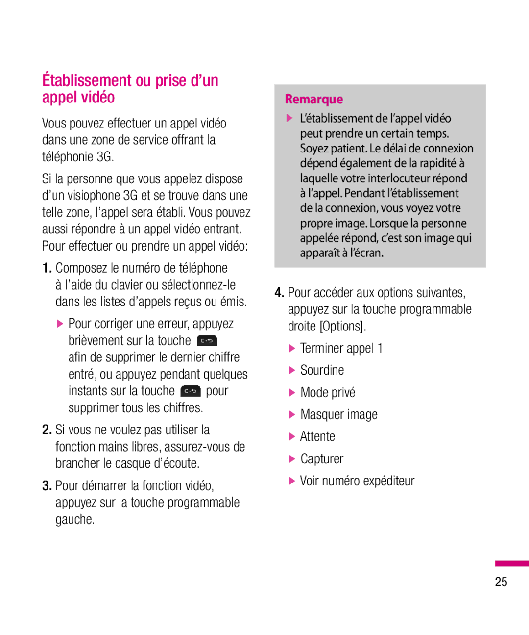 LG Electronics TU330 manual Établissement ou prise d’un appel vidéo 