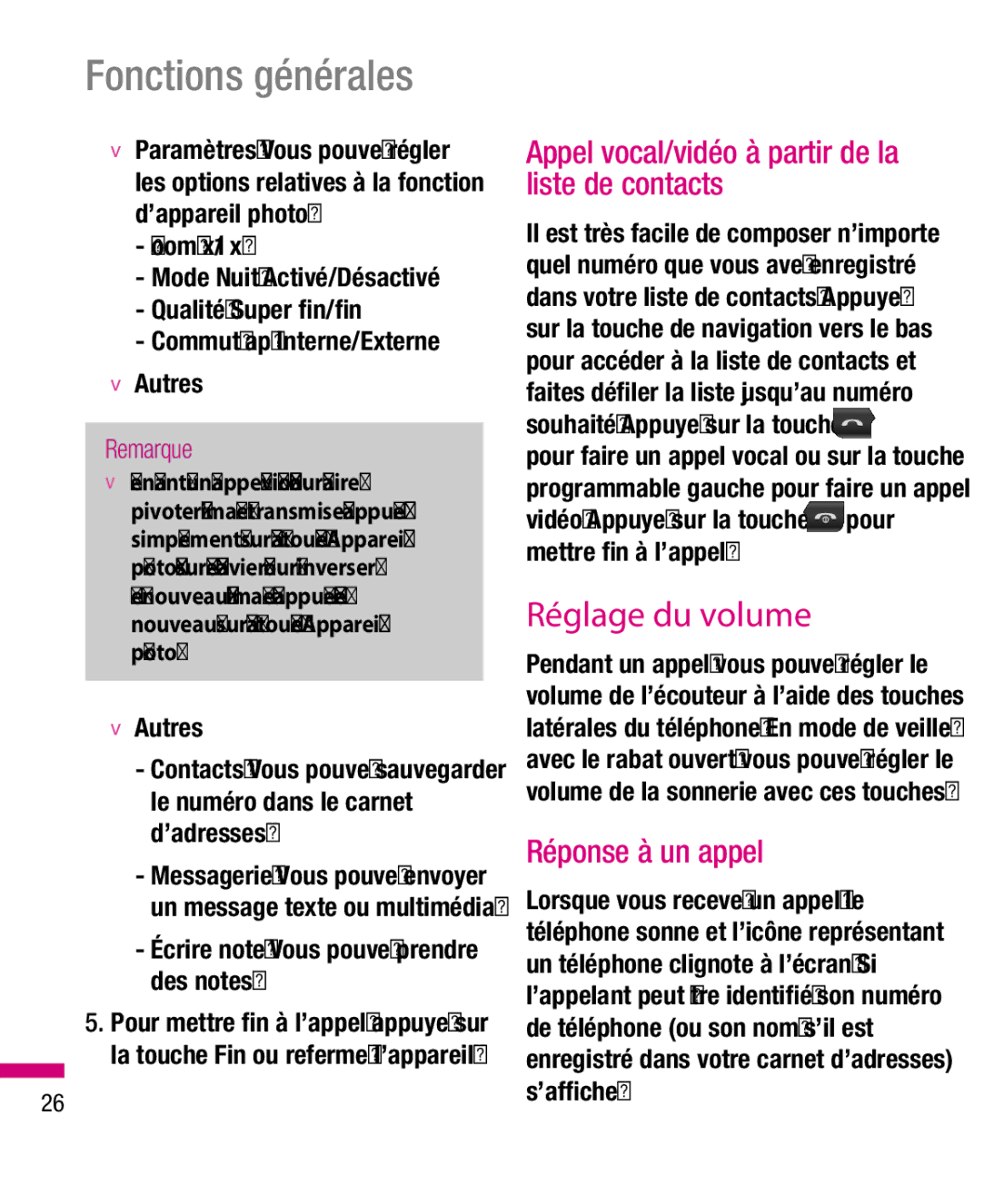 LG Electronics TU330 manual Fonctions générales, Réglage du volume, Appel vocal/vidéo à partir de la liste de contacts 