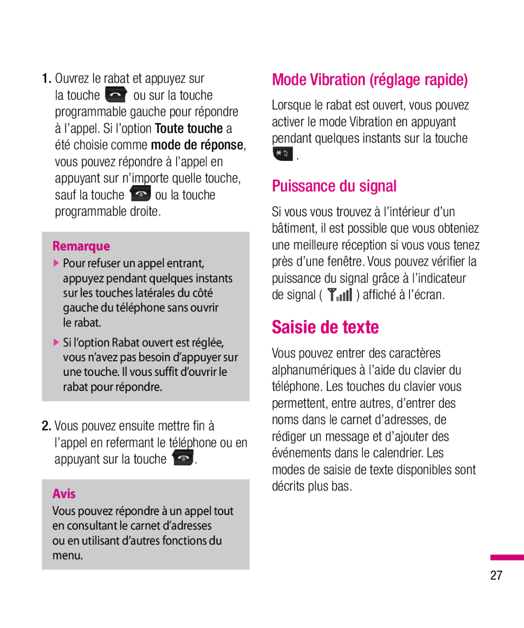 LG Electronics TU330 manual Saisie de texte, Mode Vibration réglage rapide, Puissance du signal 