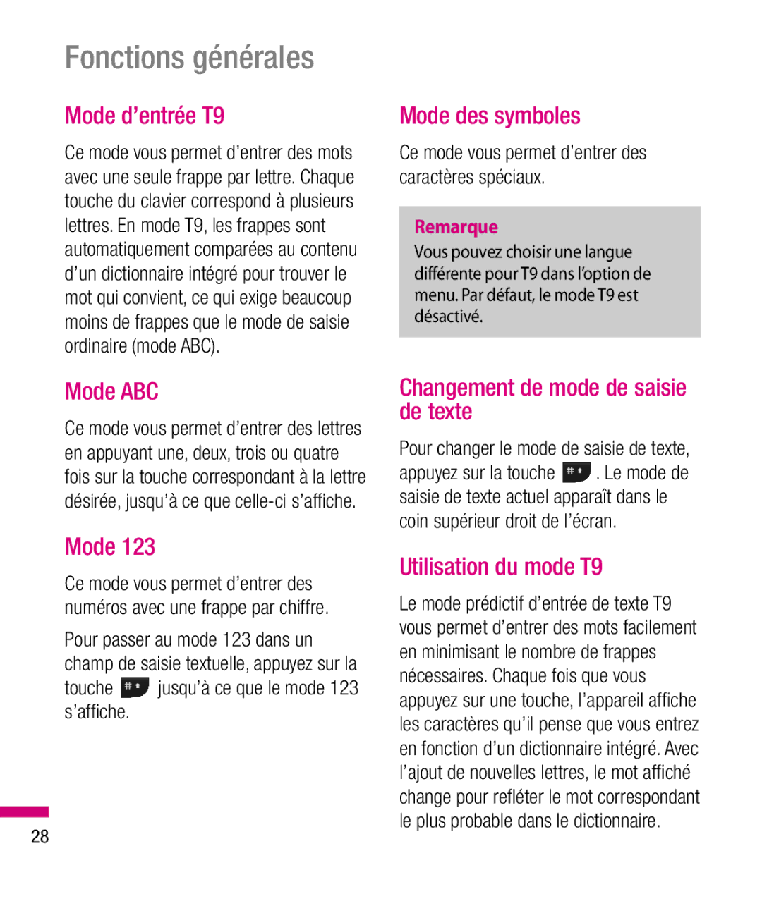 LG Electronics TU330 manual Mode d’entrée T9, Mode ABC, Mode des symboles, Changement de mode de saisie de texte 