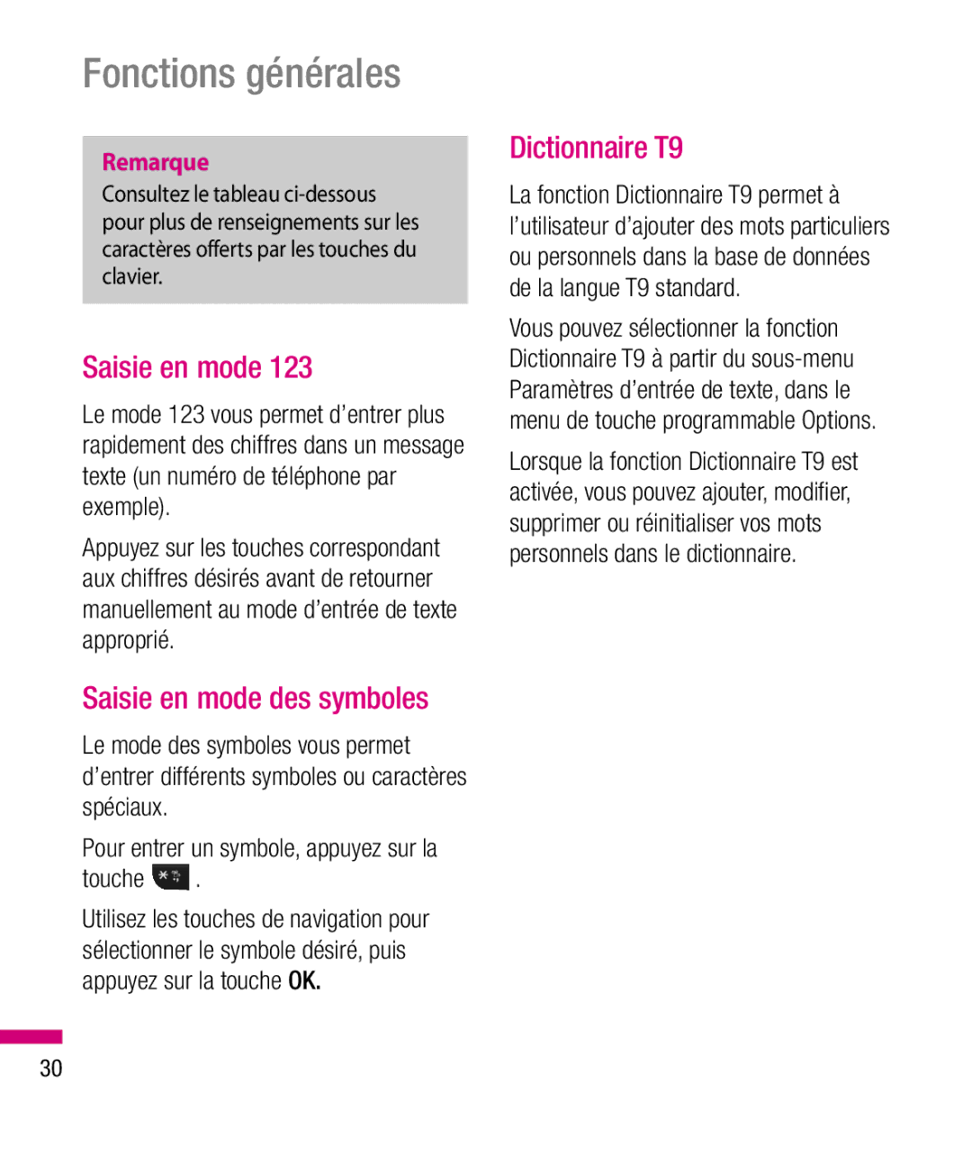 LG Electronics TU330 manual Dictionnaire T9, Saisie en mode des symboles 