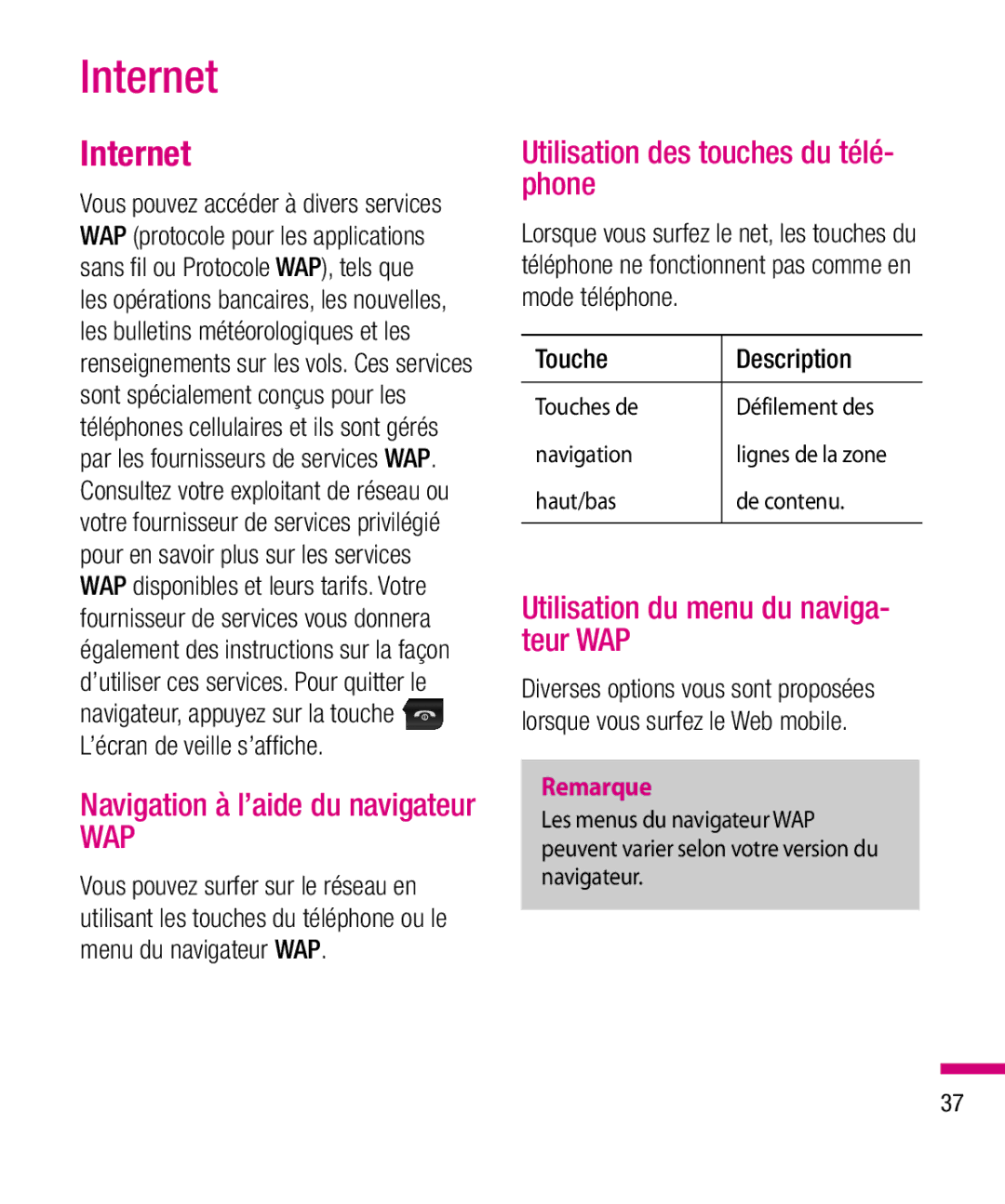 LG Electronics TU330 Utilisation des touches du télé- phone, Utilisation du menu du naviga- teur WAP, Touche Description 