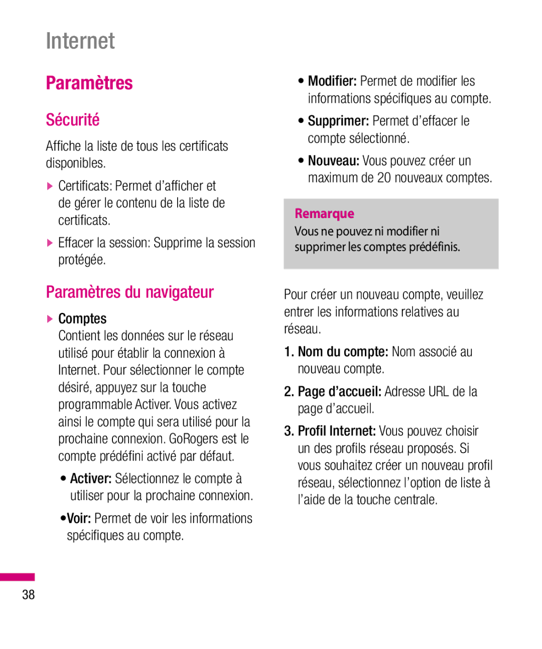 LG Electronics TU330 manual Sécurité, Paramètres du navigateur 