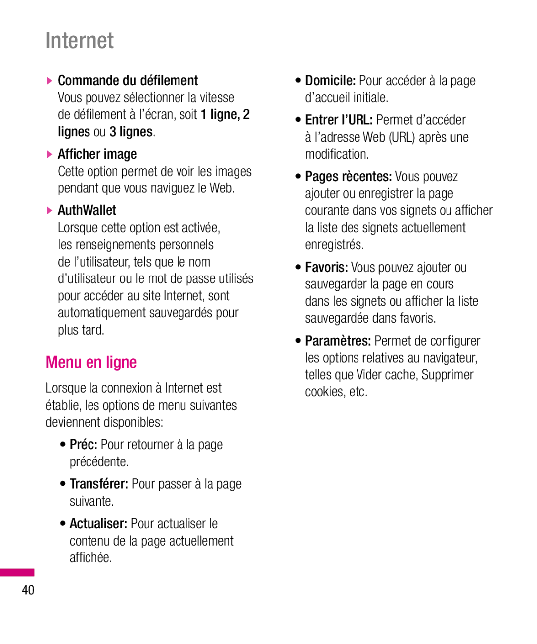 LG Electronics TU330 manual Menu en ligne, Domicile Pour accéder à la page d’accueil initiale 