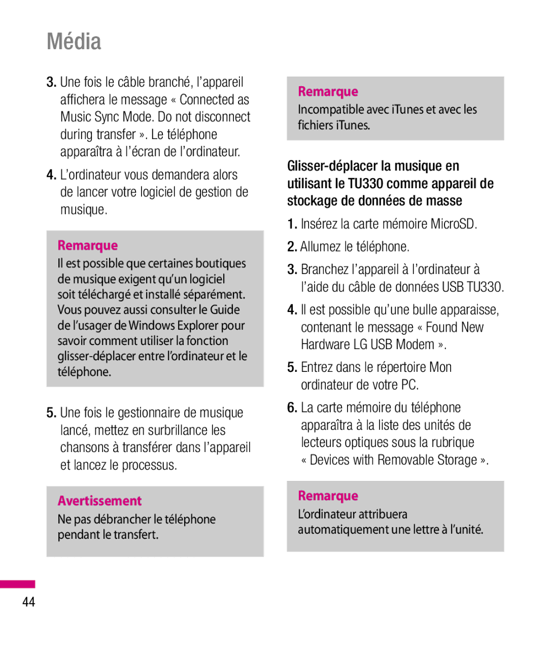 LG Electronics TU330 manual Insérez la carte mémoire MicroSD Allumez le téléphone, « Devices with Removable Storage » 