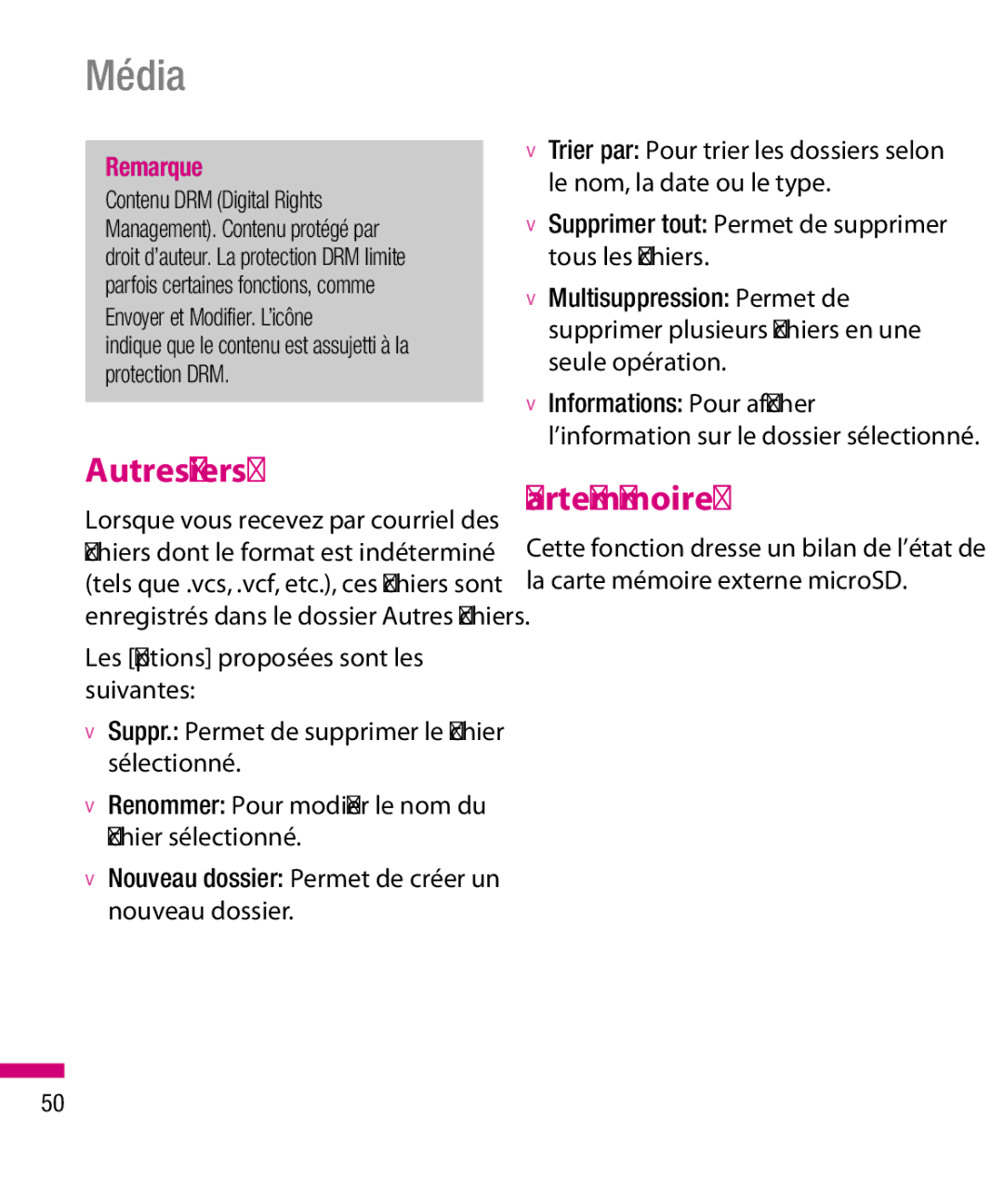 LG Electronics TU330 manual Autres fichiers, Carte mémoire, Supprimer tout Permet de supprimer tous les fichiers 