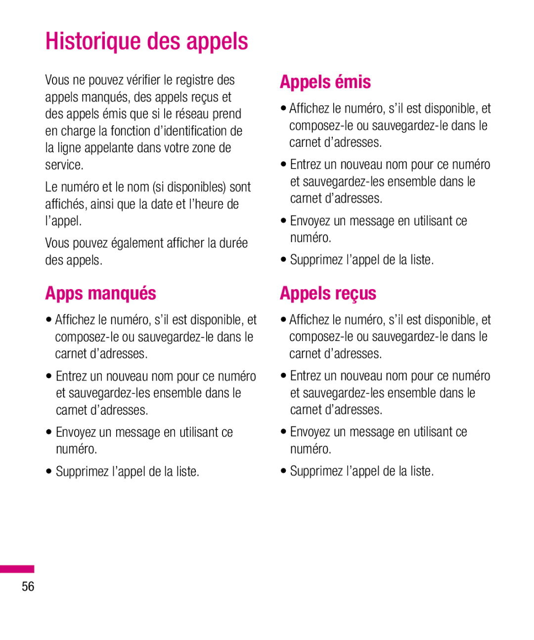 LG Electronics TU330 manual Historique des appels, Appels émis, Apps manqués, Appels reçus 